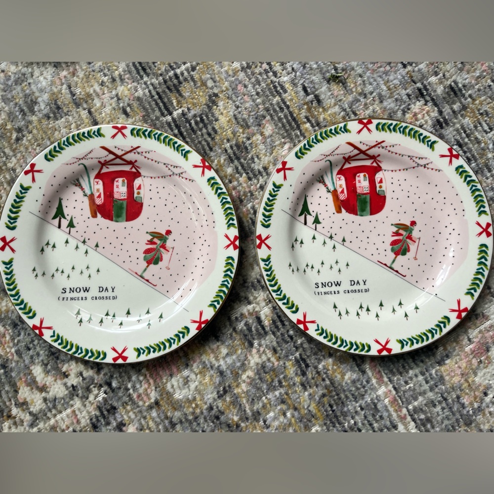 Anthropologie Snow Day Plates - Red and Green
